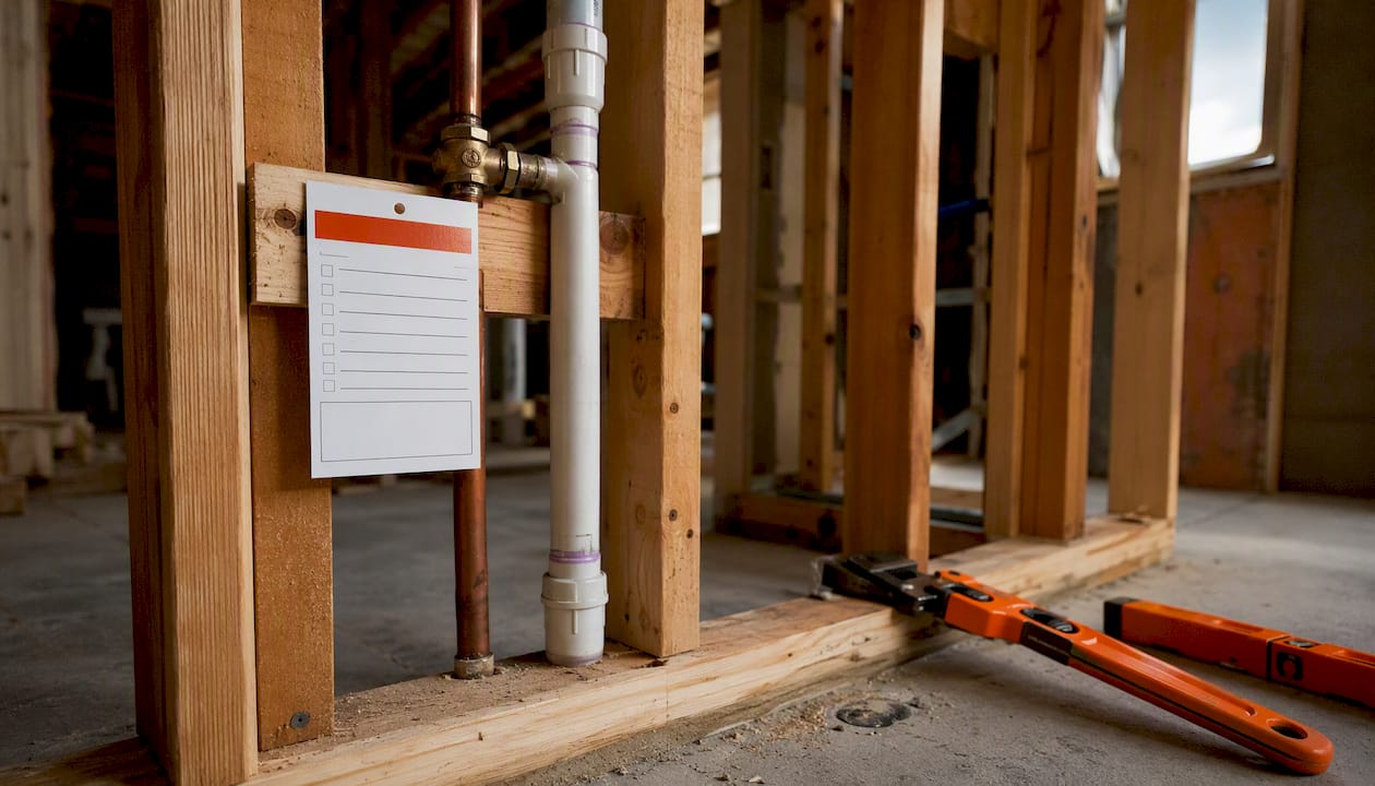 Permit card posted on bathroom remodel rough-in plumbing wall