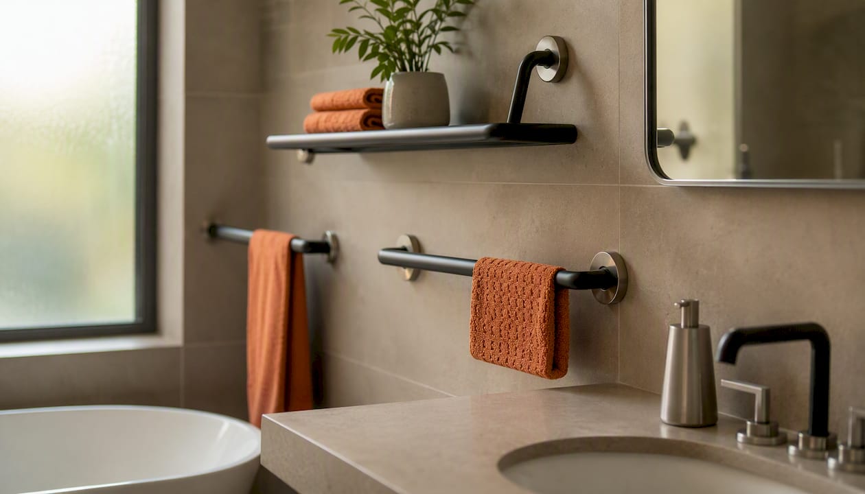 Matte black and brushed nickel grab bars integrated in bathroom