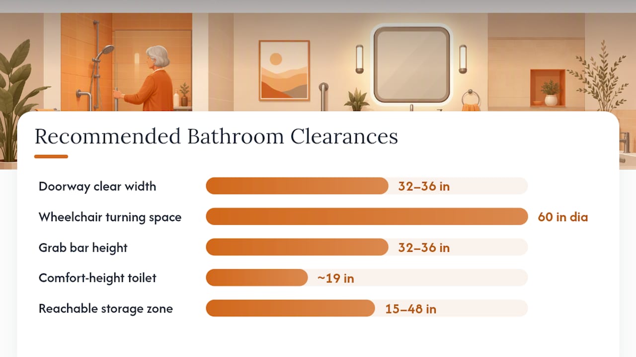 Diagram showing bathroom clearance and height specs for aging in place