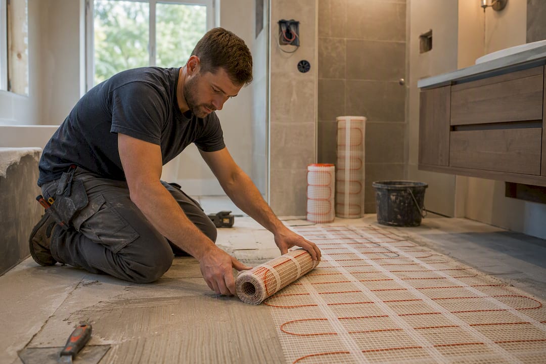 Hands laying electric heating mat on bathroom floor