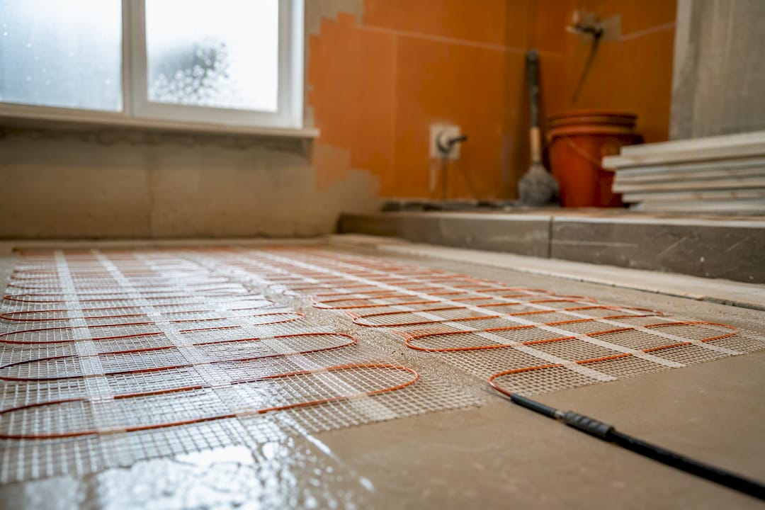 Electric heating mat detail on bathroom floor
