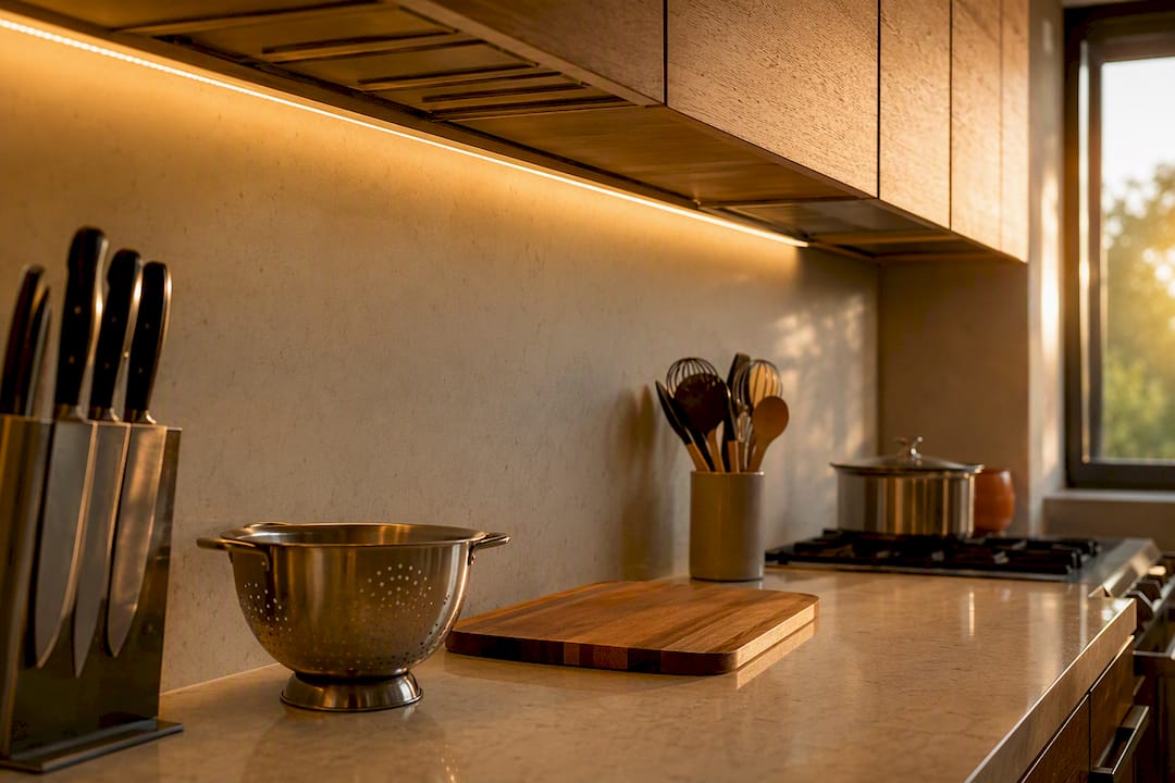 Under-cabinet LED strip lighting on kitchen counter