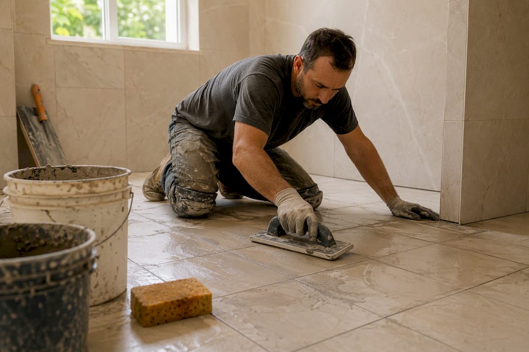 Hands applying epoxy grout on bathroom tile