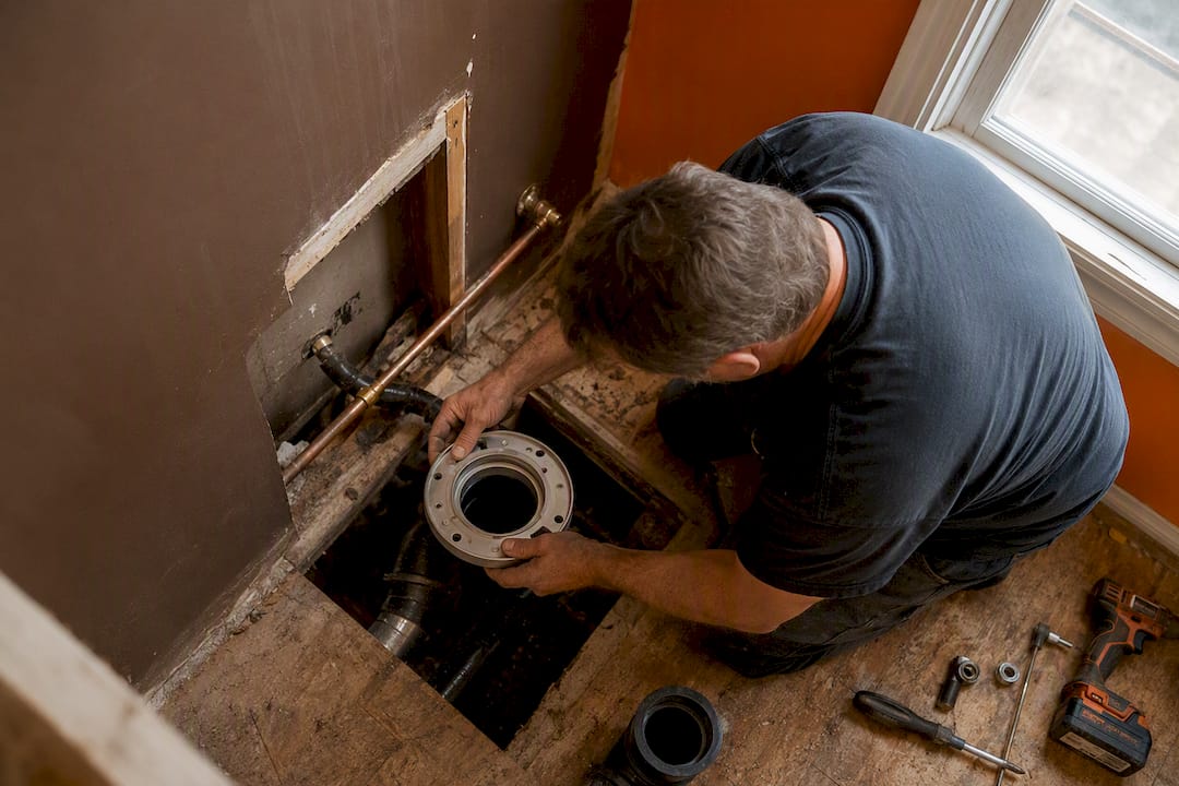 Plumber connecting bathroom drain pipes