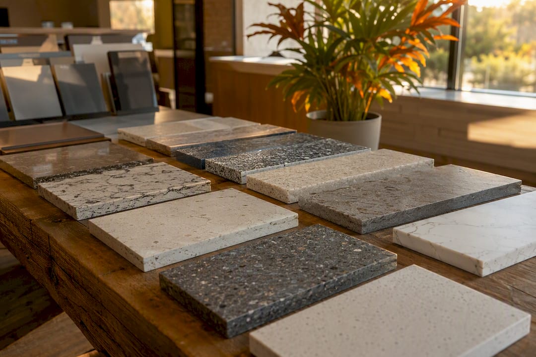 Close-up of bathroom vanity countertop materials