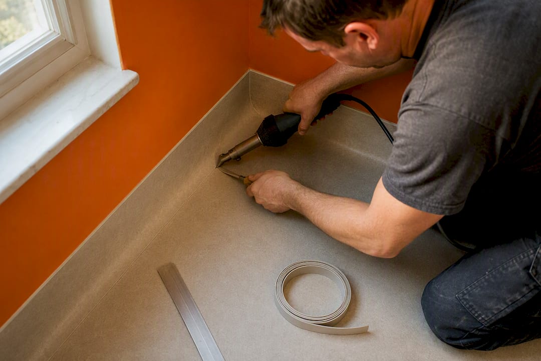 Installer heat-welding coved sheet vinyl seam