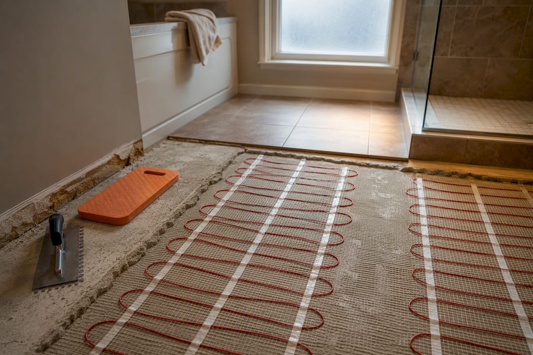 Radiant heating mat beneath bathroom tile