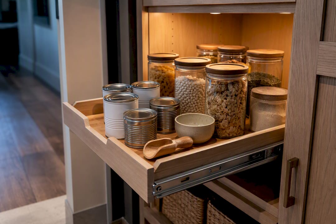 Pull-out pantry shelf holding canned goods