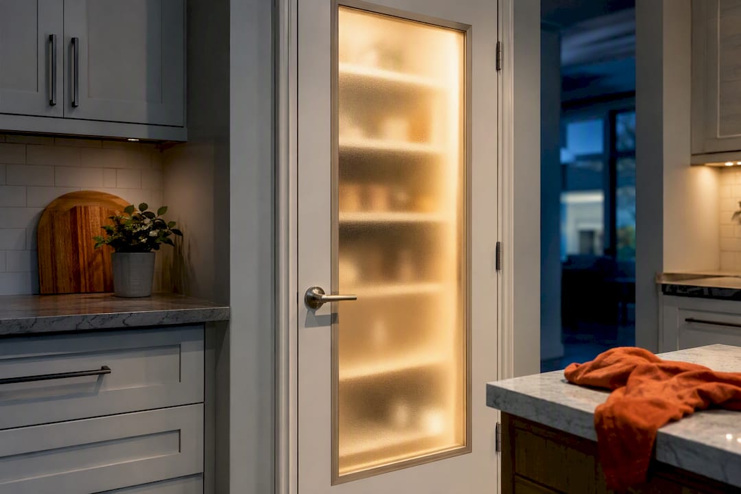 Frosted pantry door glowing with interior lighting
