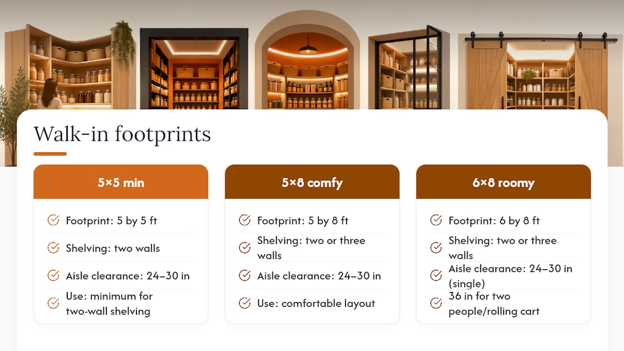 Walk-in pantry size and aisle clearance diagrams