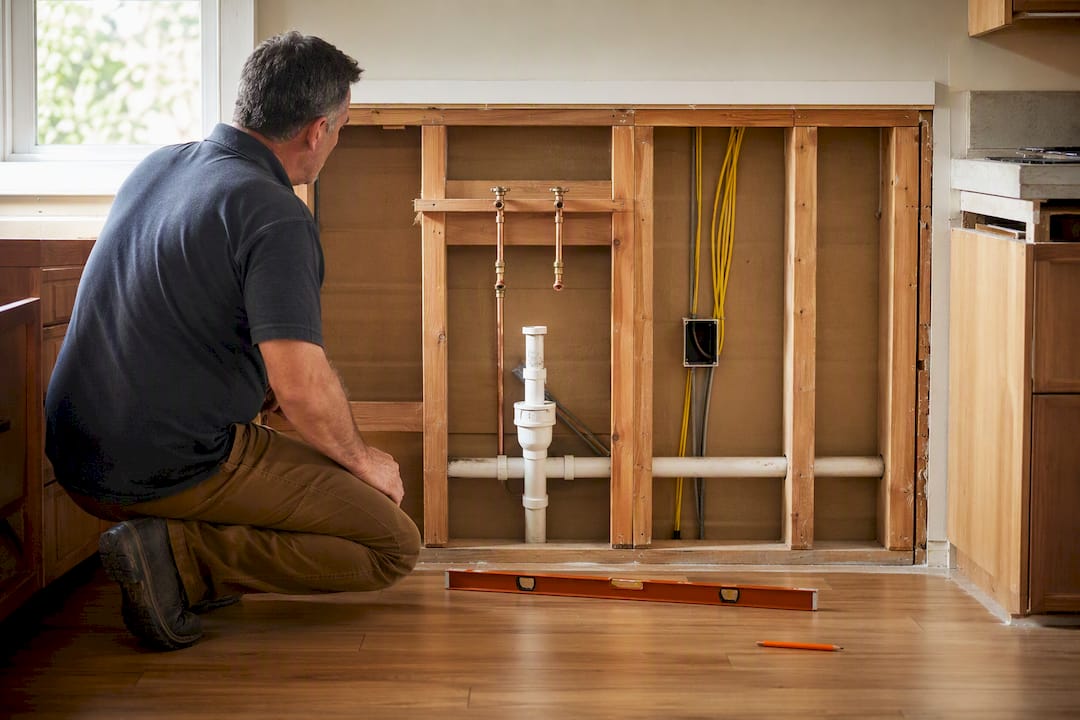 Kitchen wall with exposed plumbing rough-ins