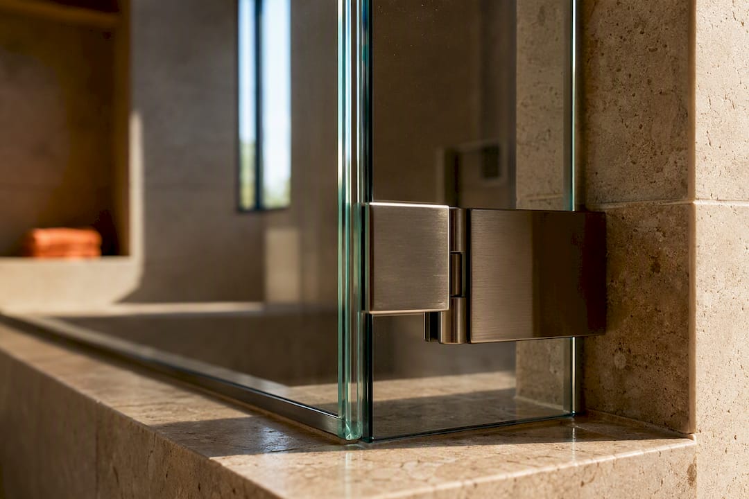 1788440671805_Close-up-of-shower-glass-edge-and-hinge | The Bath & Kitchen Gallery Close-up of shower glass edge and hinge