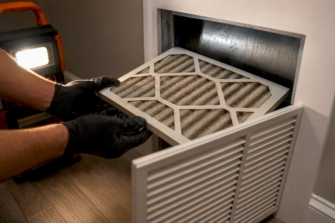 Technician inspecting dusty HVAC return filter