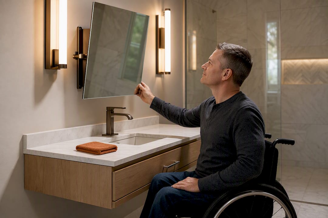 Seated user adjusting accessible bathroom mirror