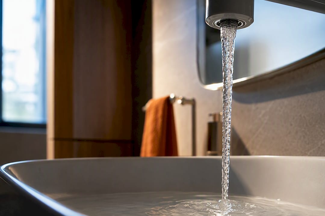 Water flowing from efficient bathroom faucet