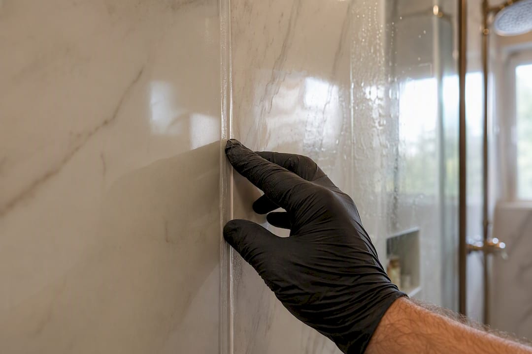 Hand checking a silicone shower seam