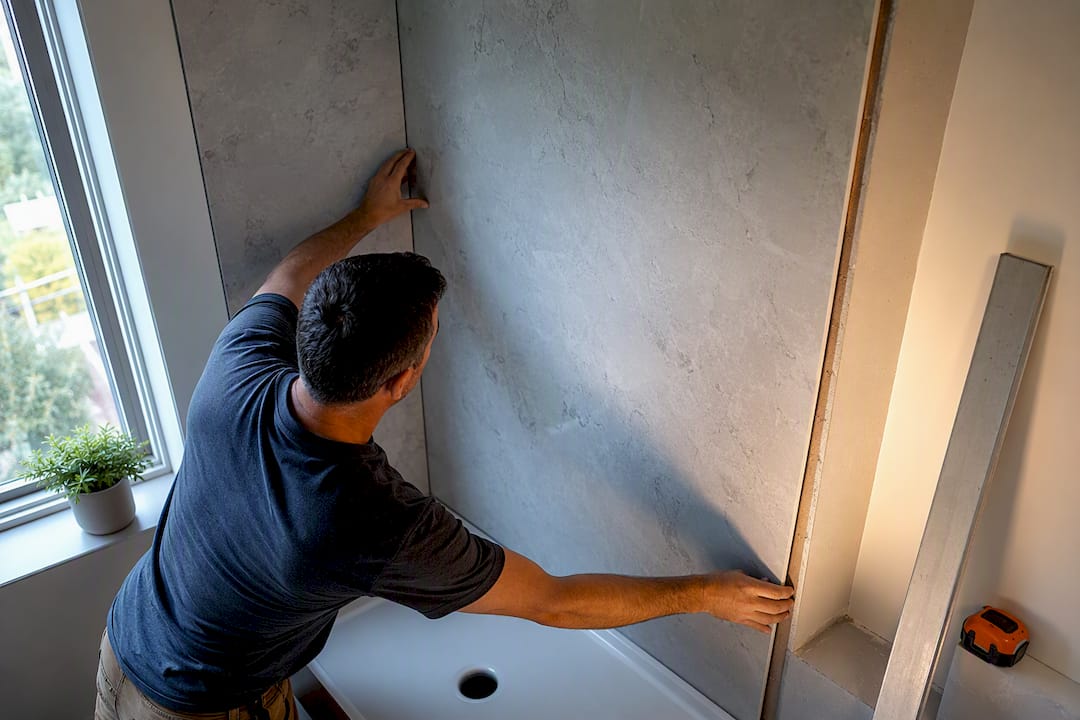 Template aligned against a shower alcove