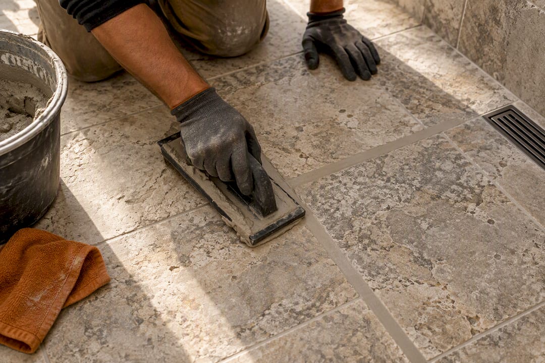 Professional applying grout between stone tiles