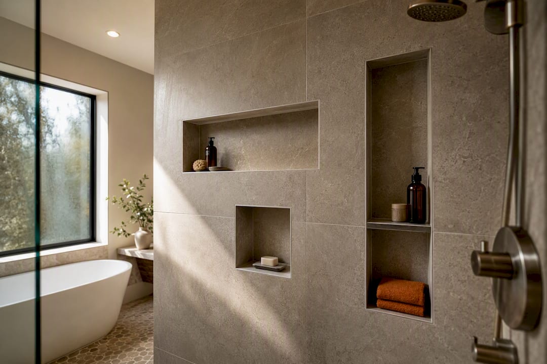 1789970785856_Tiled-shower-wall-with-varied-niche-designs | The Bath & Kitchen Gallery Tiled shower wall with varied niche designs