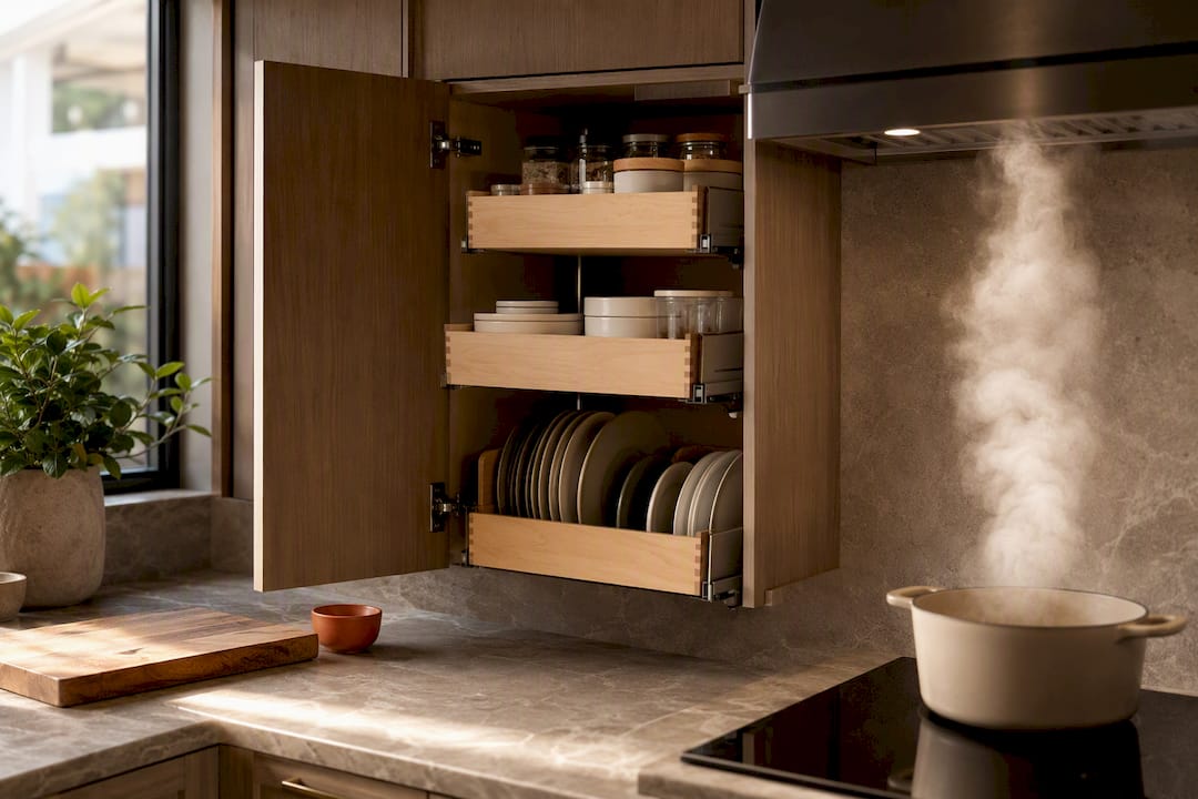 Kitchen storage beside operating ventilation hood
