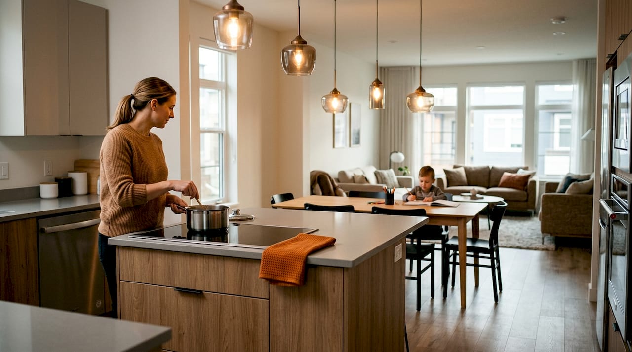 Family using an open concept kitchen