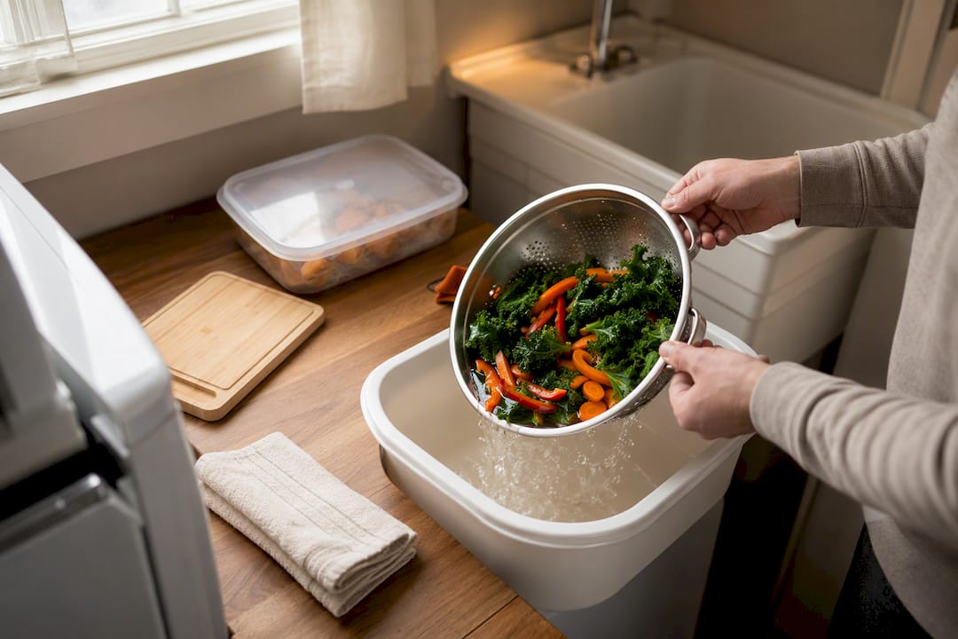 Temporary kitchen beside a laundry tub