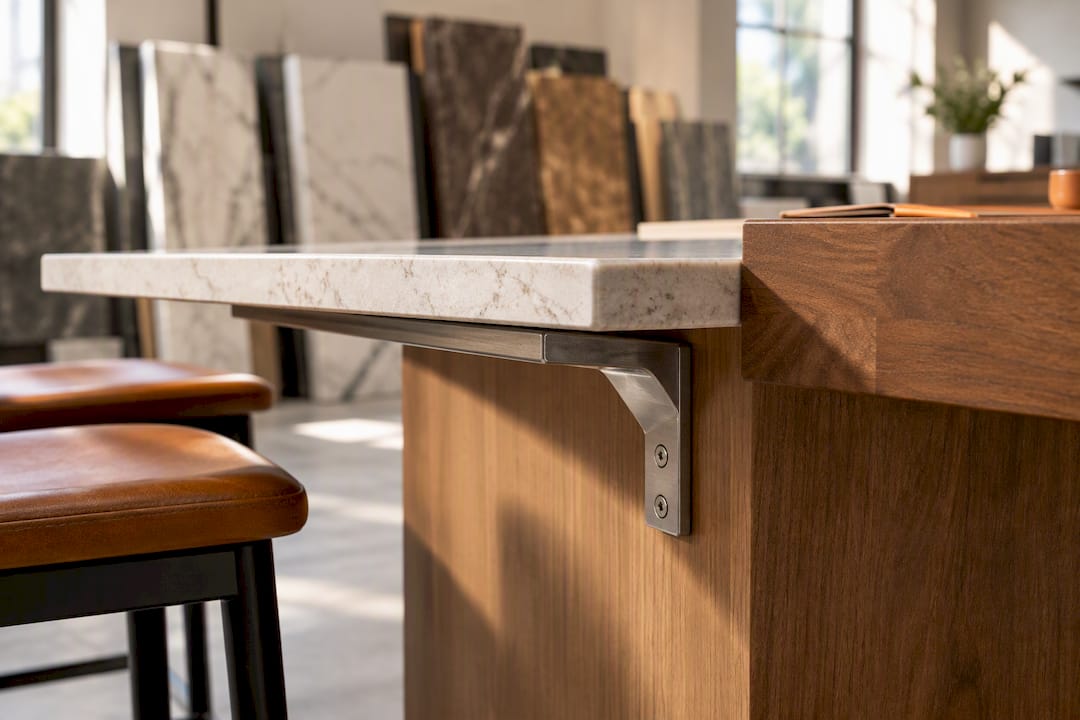 Countertop overhang with steel support bracket