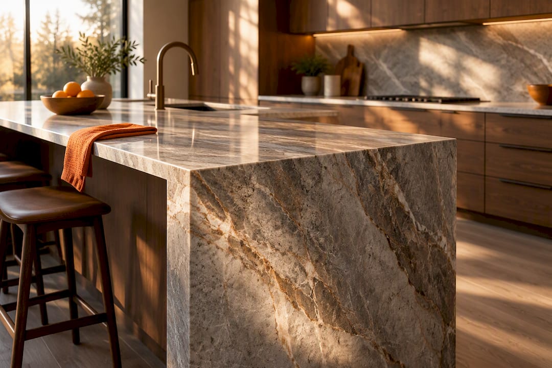 Partial waterfall island in warm contemporary kitchen