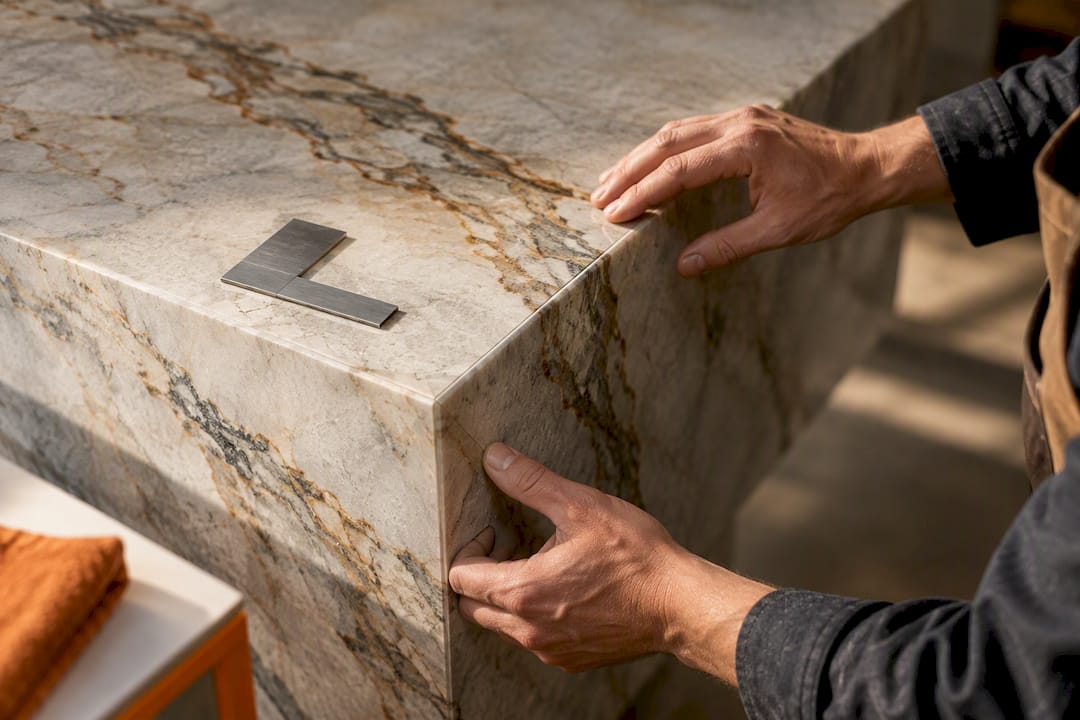 Close-up of matched stone miter seam