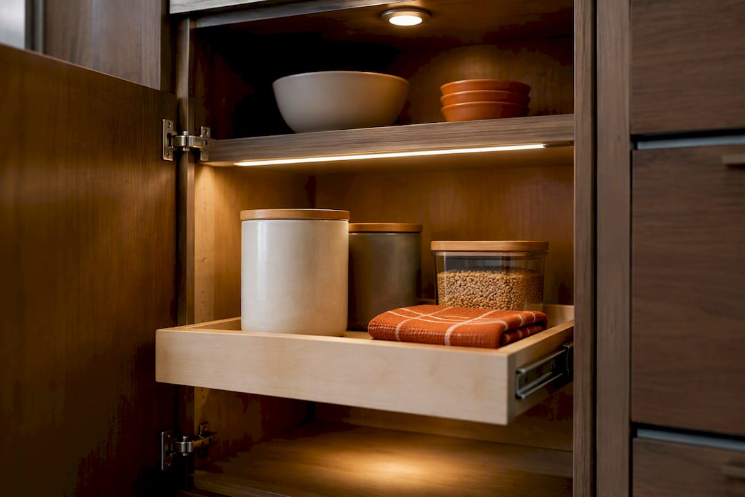 LED light illuminating cabinet pullout