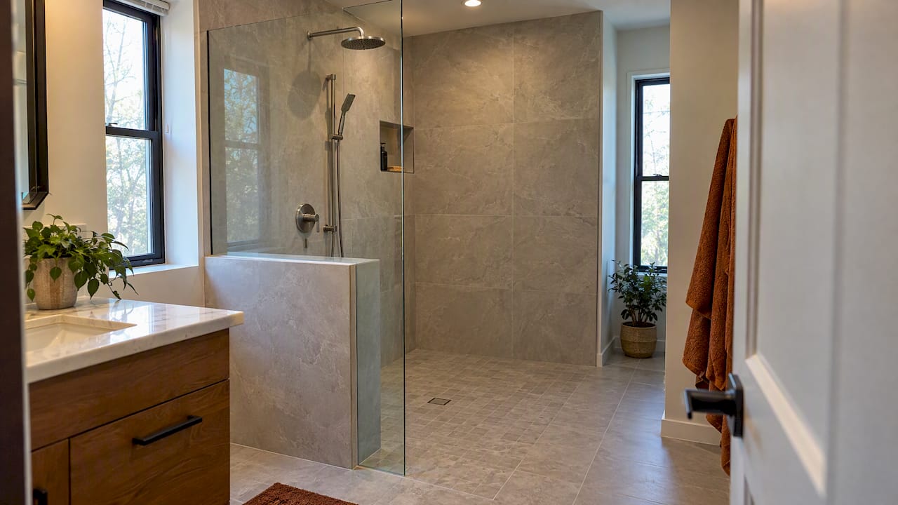 Frameless glass panel beside curbless shower