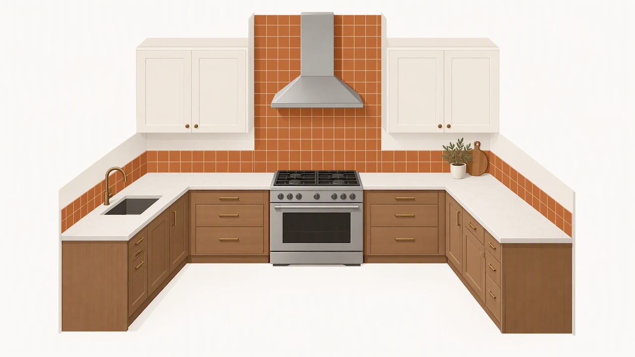 Full backsplash behind range with shorter side splashes