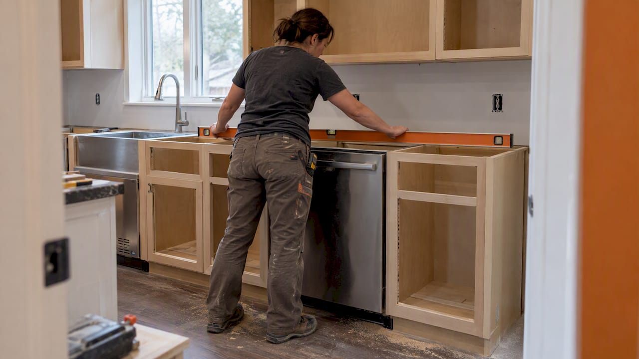 Carpenter checks cabinet alignment before templating