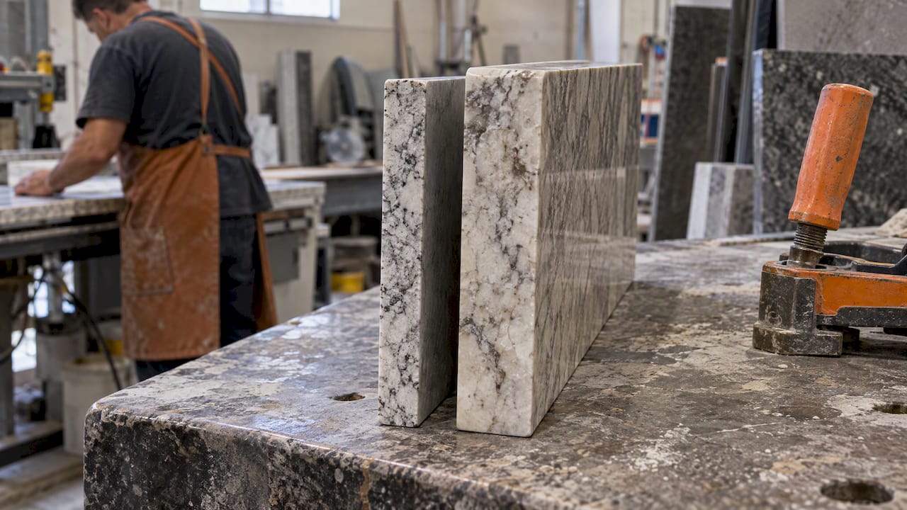 1791437847218_Two-countertop-samples-show-different-slab-thicknesses | The Bath & Kitchen Gallery Two countertop samples show different slab thicknesses