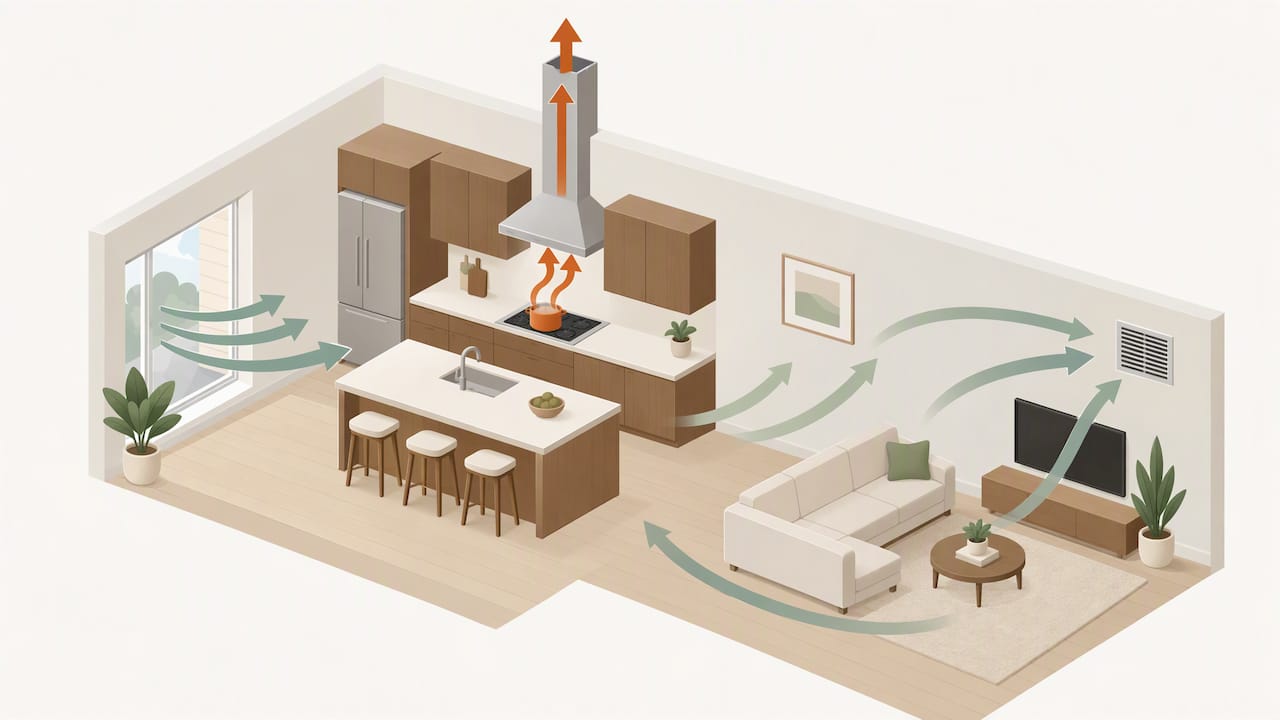 Illustrated airflow paths in an open kitchen