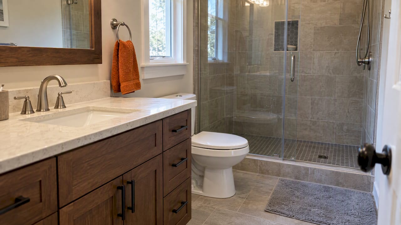 Updated vanity and tiled shower in remodeled bathroom