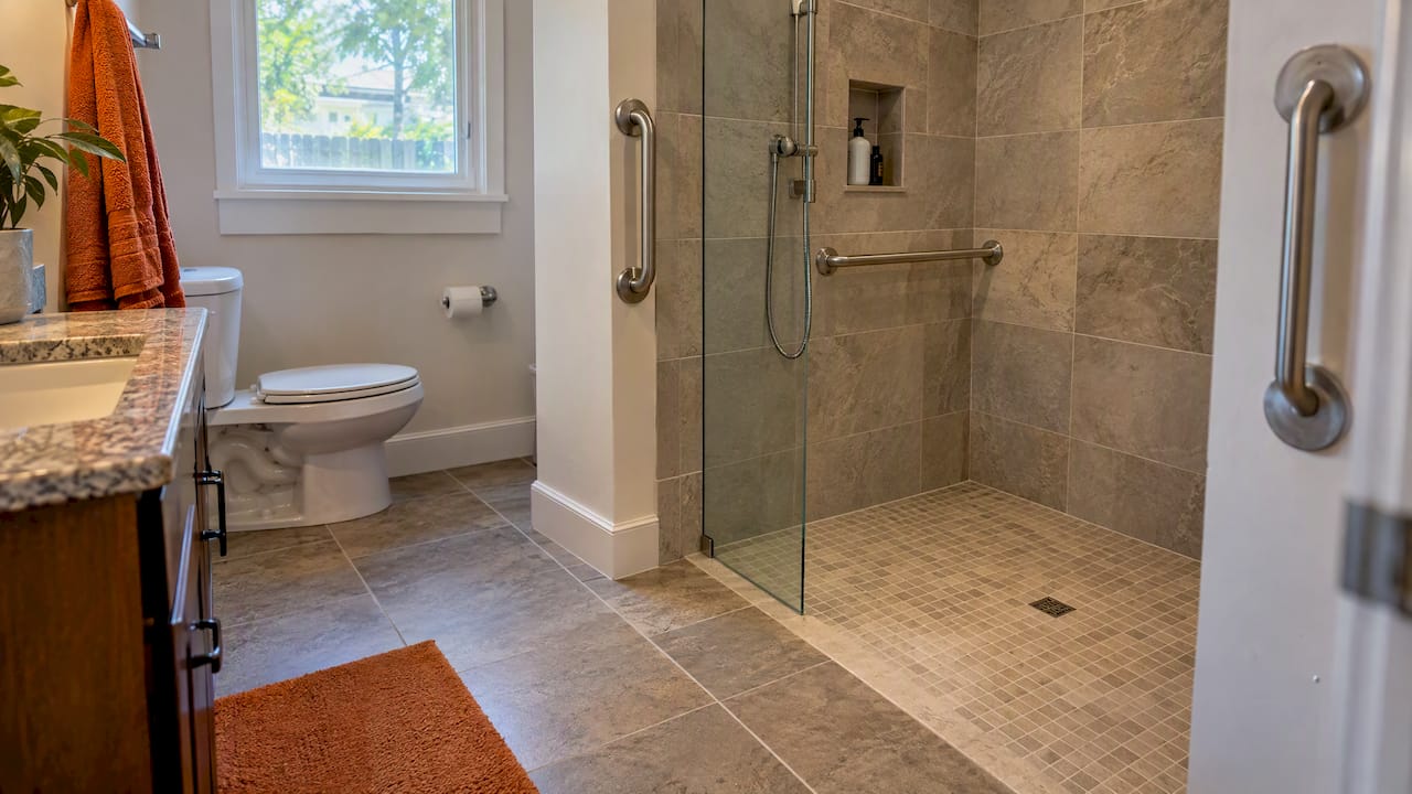 Grab bars beside a curbless shower entry