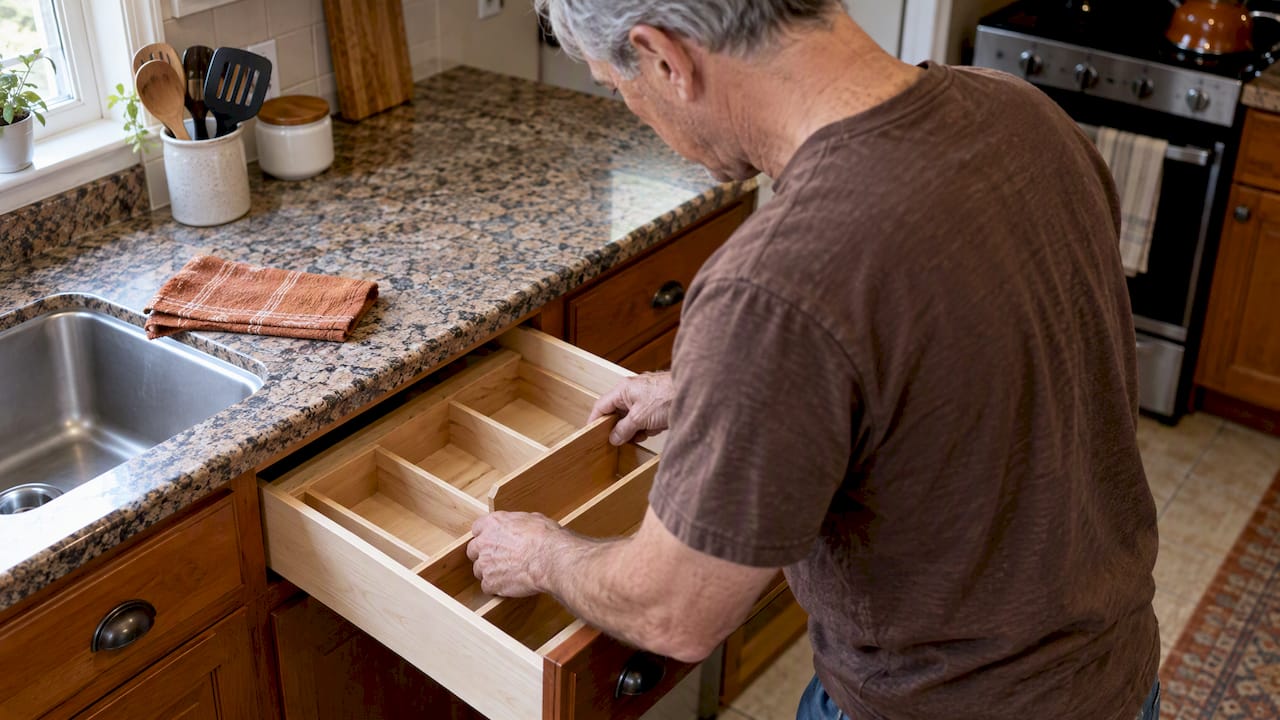 Wood organizers arranged inside an open kitchen drawer