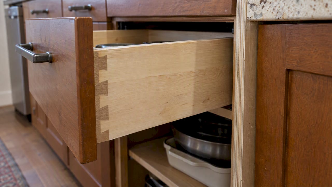 Dovetail drawer and layered plywood cabinet edge