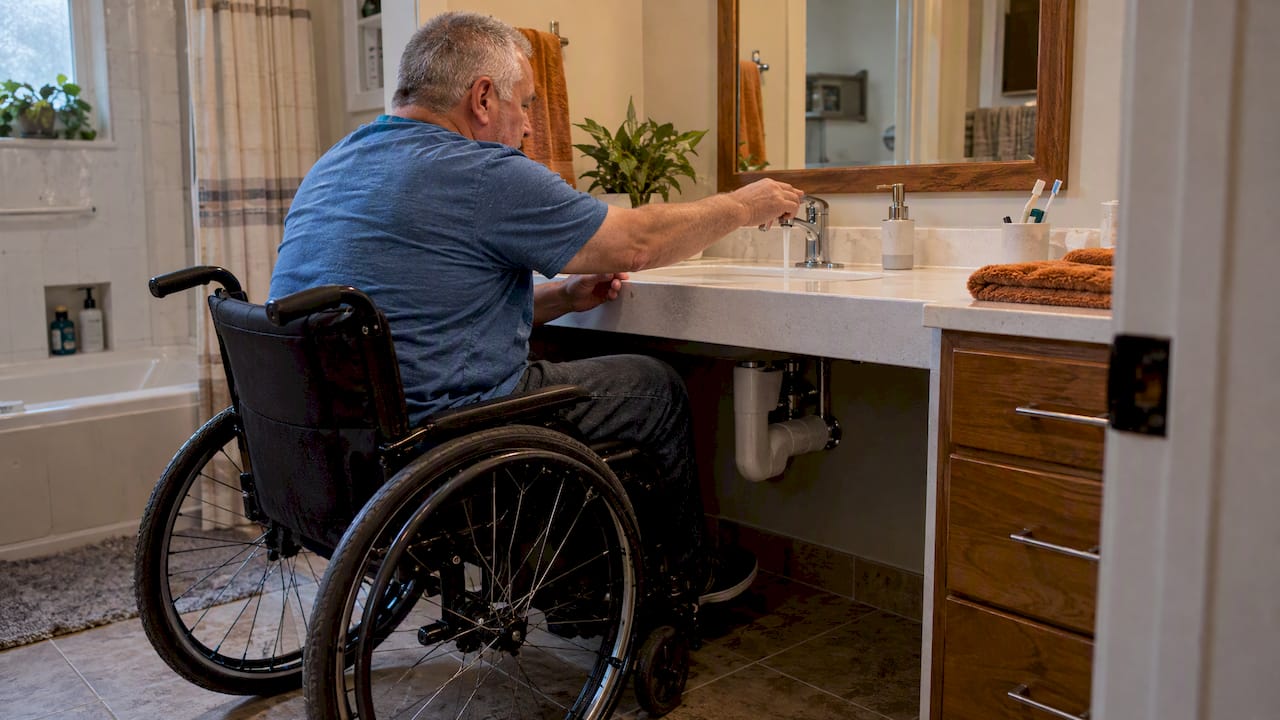 Wheelchair user reaching an accessible open vanity