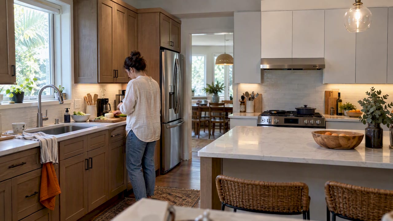 Shaker and slab cabinet doors in one kitchen