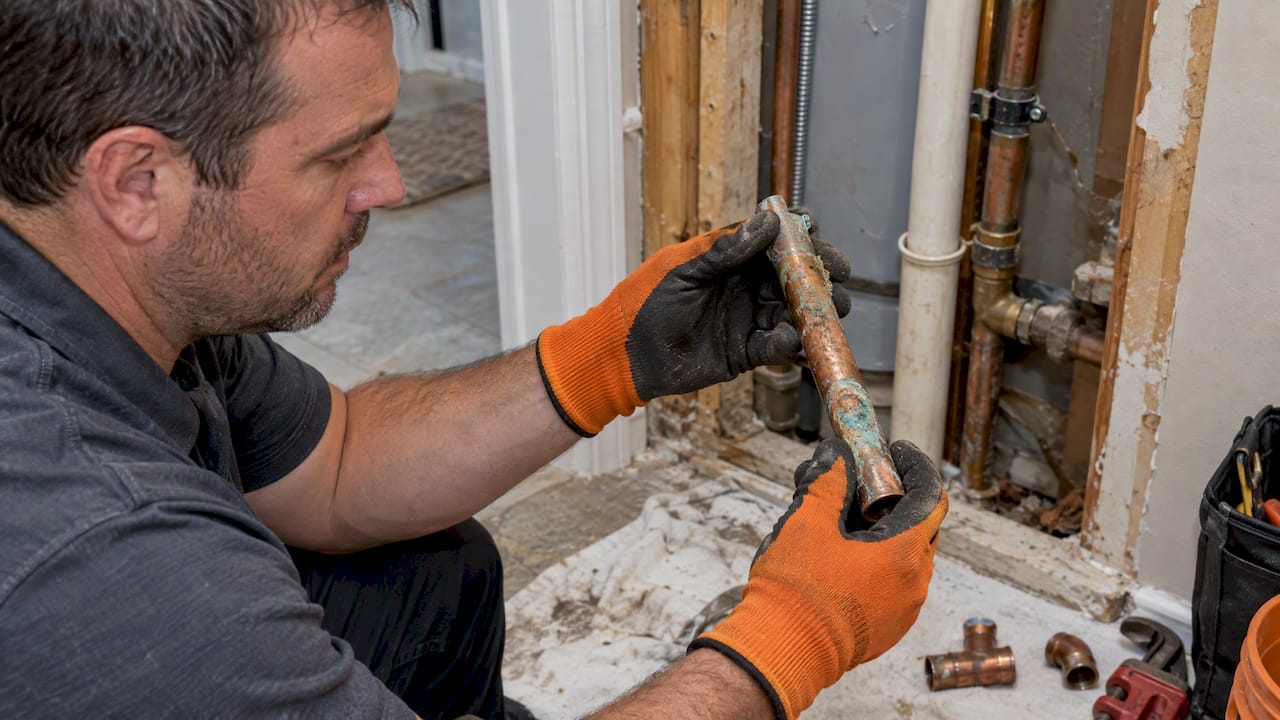 Plumber inspecting a pitted copper pipe