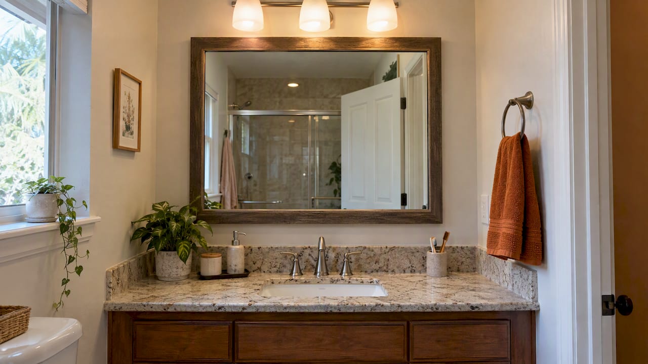1792739731295_Bathroom-mirror-positioned-above-a-vanity-faucet | The Bath & Kitchen Gallery Bathroom mirror positioned above a vanity faucet