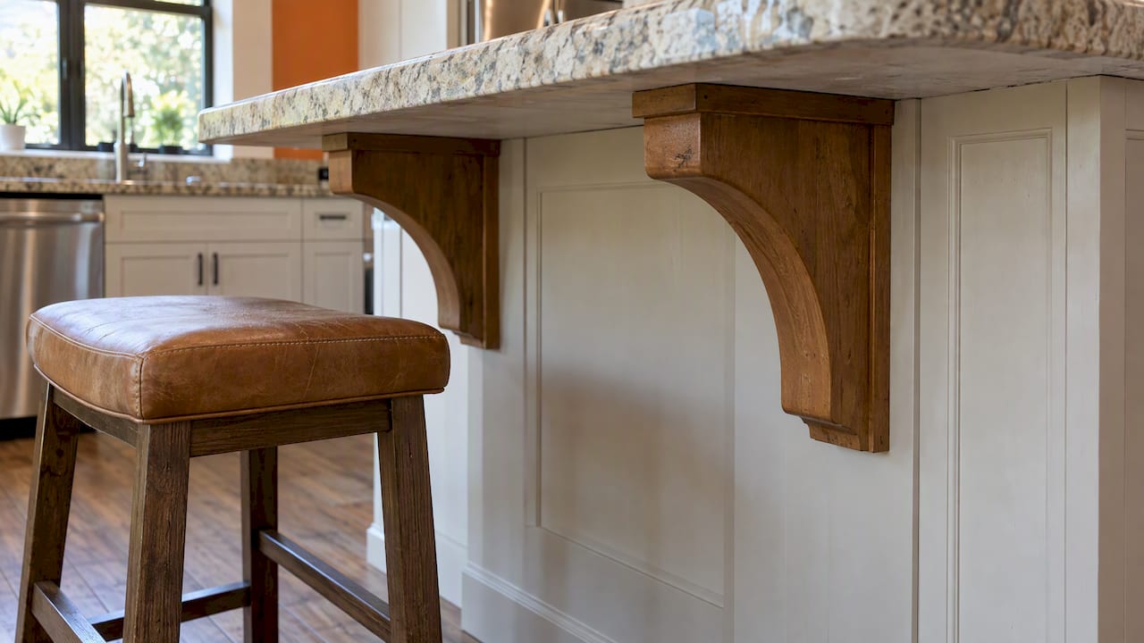 Wood corbels beneath a countertop overhang