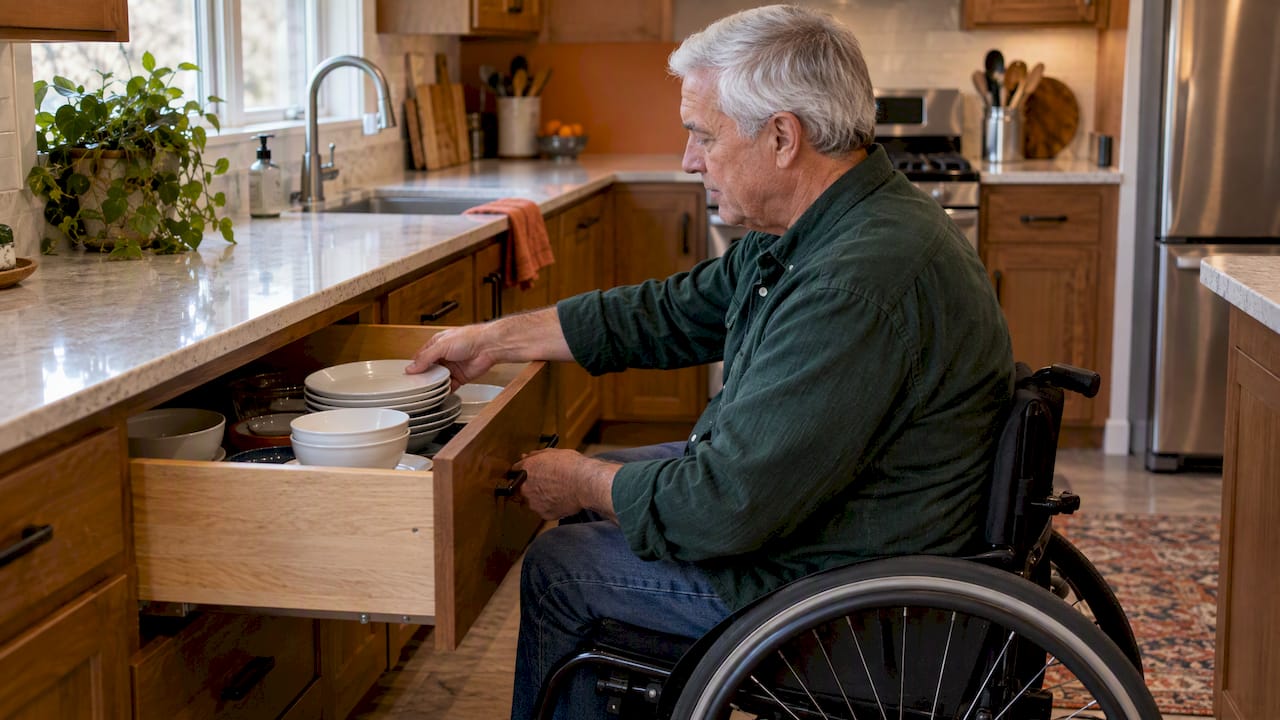 Wheelchair user reaching a deep kitchen drawer